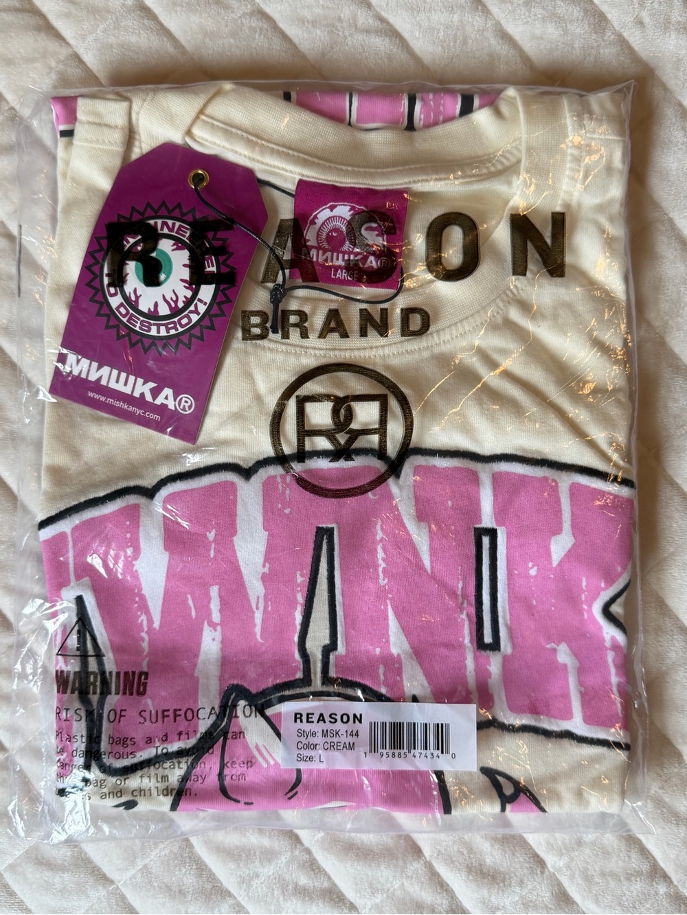 Men’s REASON Cream Short Sleeve Tee with Pink Graphic